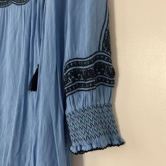 Free People Boho Dress Wind Willow LARGE Blue Stitched Embroidery Long Sleeve - Picture 4 of 11